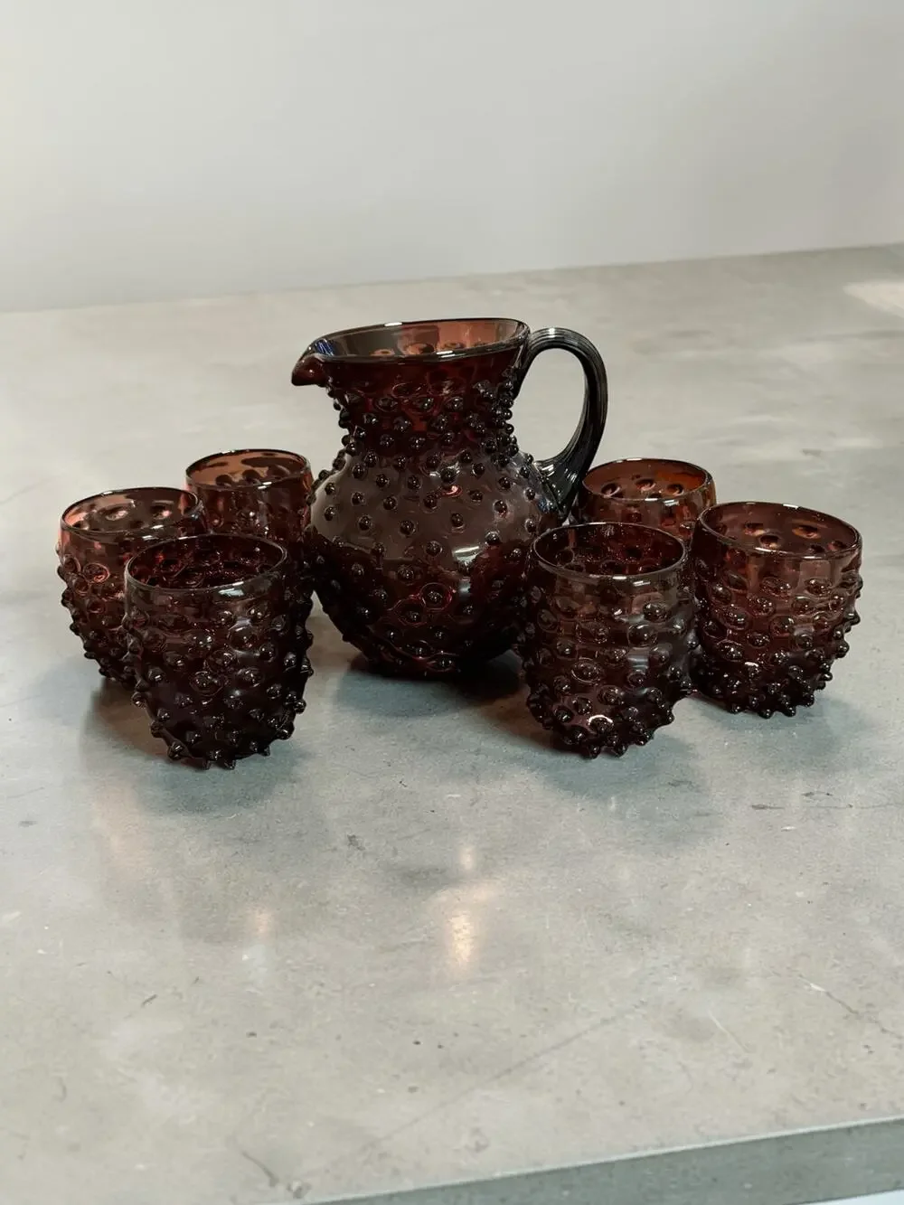 Vintage Amethyst Hobnail Glass Pitcher & Tumbler Set (7-Piece)